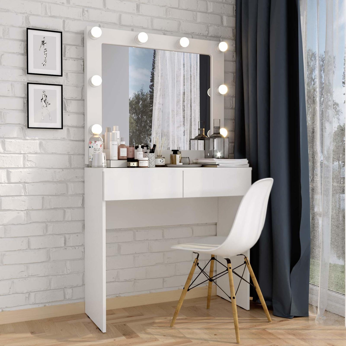 Стол туалетный со стеклянной столешницей+зеркало светодиодное 60х80 белый Серия 1 М 50